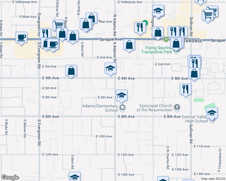 map of restaurants, bars, coffee shops, grocery stores, and more near 421 South Adams Road in Spokane Valley