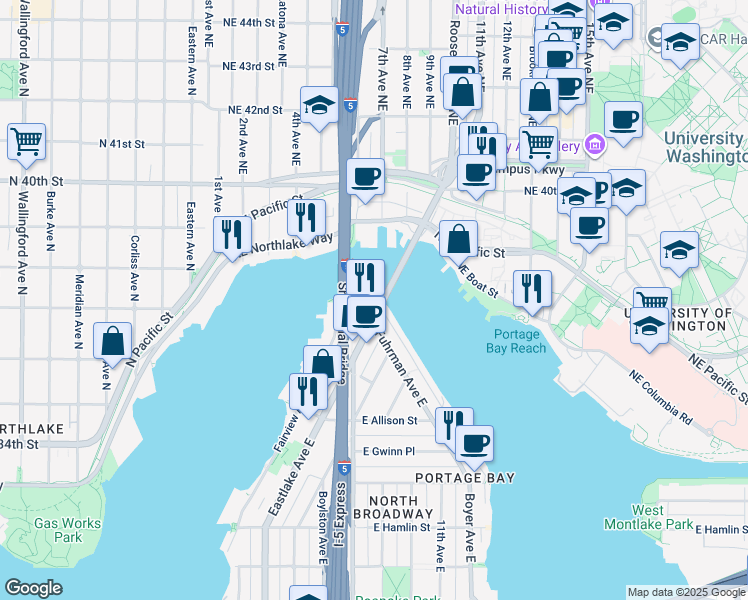 map of restaurants, bars, coffee shops, grocery stores, and more near 3258 Portage Bay Place East in Seattle