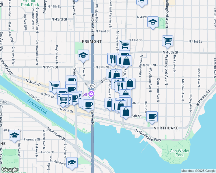 map of restaurants, bars, coffee shops, grocery stores, and more near 3648 Albion Place North in Seattle
