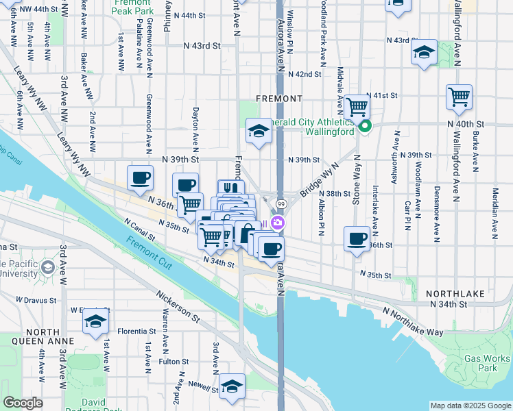 map of restaurants, bars, coffee shops, grocery stores, and more near 3627b Linden Avenue North in Seattle