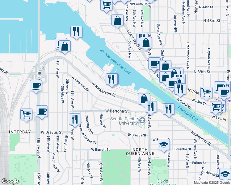 map of restaurants, bars, coffee shops, grocery stores, and more near 626 West Nickerson Street in Seattle