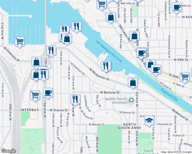 map of restaurants, bars, coffee shops, grocery stores, and more near 814 West Emerson Street in Seattle