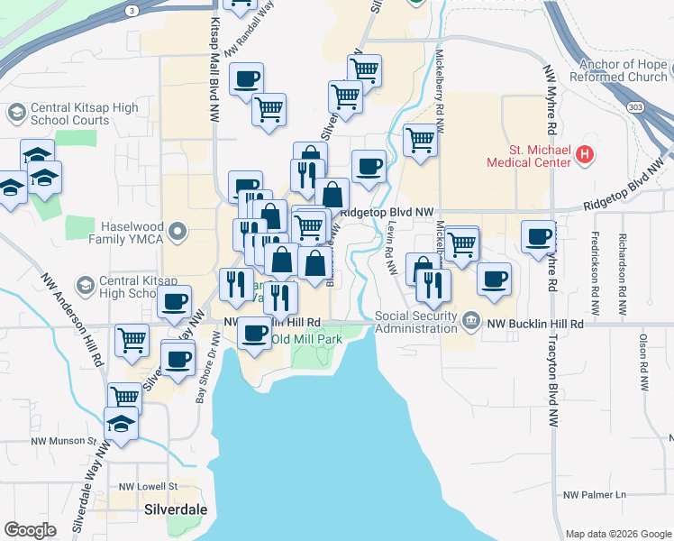 map of restaurants, bars, coffee shops, grocery stores, and more near 2768 Northwest Bucklin Hill Road in Silverdale