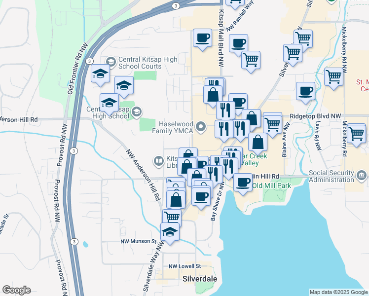 map of restaurants, bars, coffee shops, grocery stores, and more near in Silverdale