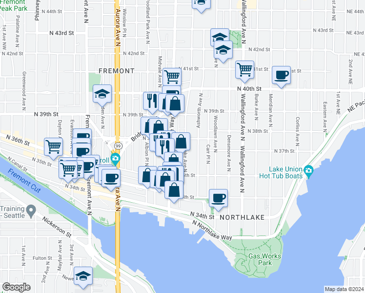 map of restaurants, bars, coffee shops, grocery stores, and more near 3651 Interlake Avenue North in Seattle