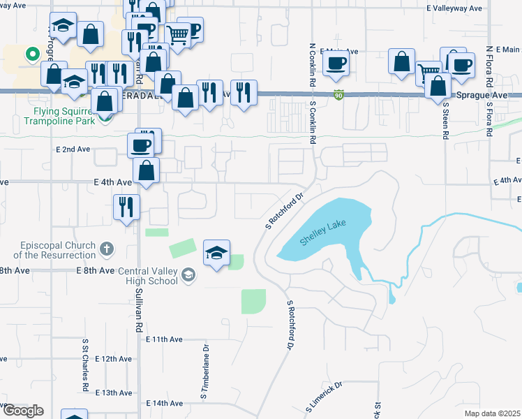 map of restaurants, bars, coffee shops, grocery stores, and more near 527 South Sonora Lane in Spokane Valley