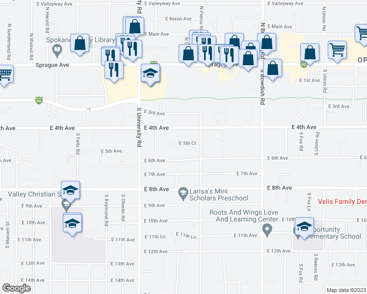 map of restaurants, bars, coffee shops, grocery stores, and more near 10924 East 5th Court in Spokane Valley