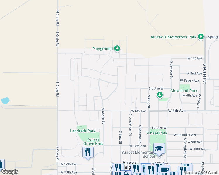 map of restaurants, bars, coffee shops, grocery stores, and more near 401 South Molly Mitchell Drive in Airway Heights