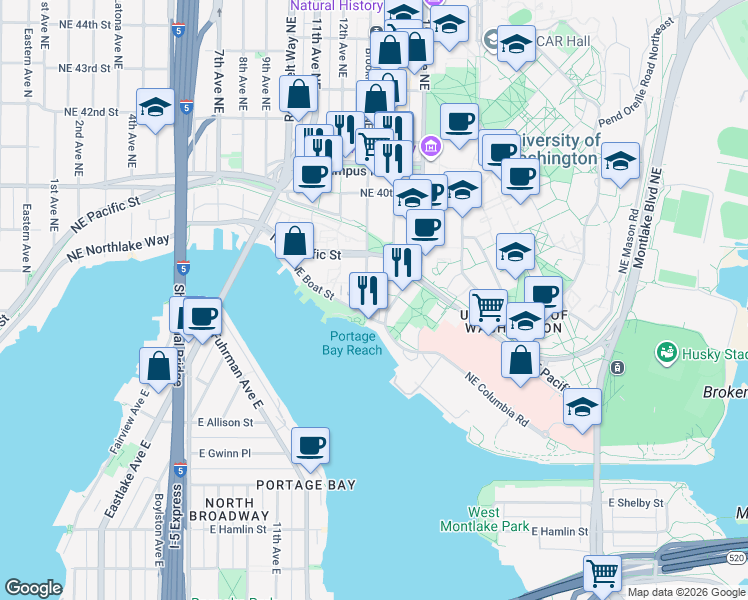 map of restaurants, bars, coffee shops, grocery stores, and more near 3716 Brooklyn Avenue Northeast in Seattle