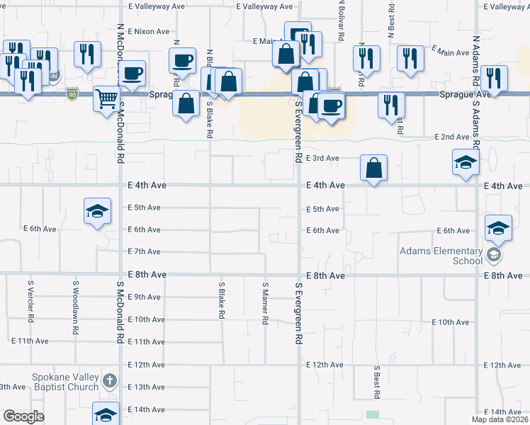 map of restaurants, bars, coffee shops, grocery stores, and more near 515 South Mamer Road in Spokane Valley