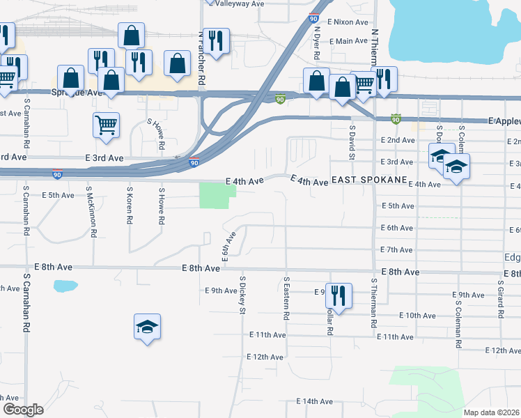 map of restaurants, bars, coffee shops, grocery stores, and more near 6111 East 6th Avenue in Spokane Valley
