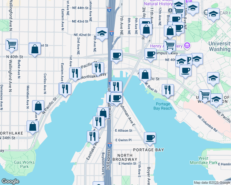 map of restaurants, bars, coffee shops, grocery stores, and more near in Seattle