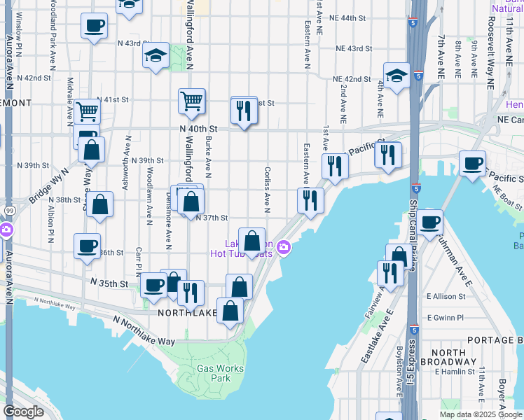 map of restaurants, bars, coffee shops, grocery stores, and more near 3702 Bagley Avenue North in Seattle