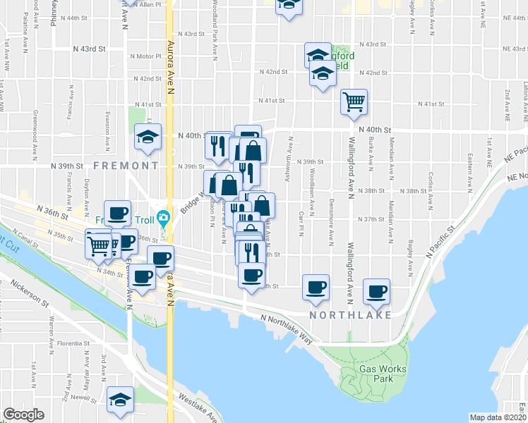 map of restaurants, bars, coffee shops, grocery stores, and more near 3651 Interlake Avenue North in Seattle