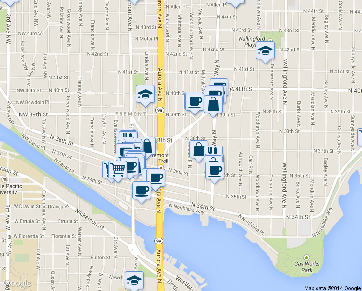 map of restaurants, bars, coffee shops, grocery stores, and more near in Seattle