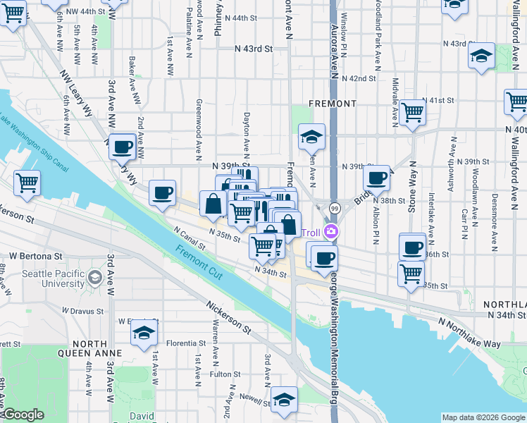 map of restaurants, bars, coffee shops, grocery stores, and more near 508 North 36th Street in Seattle