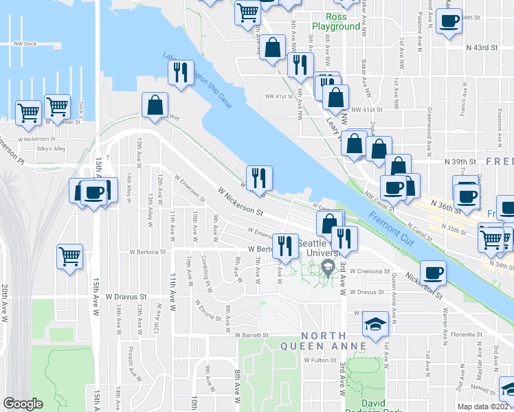map of restaurants, bars, coffee shops, grocery stores, and more near 661 West Nickerson Street in Seattle