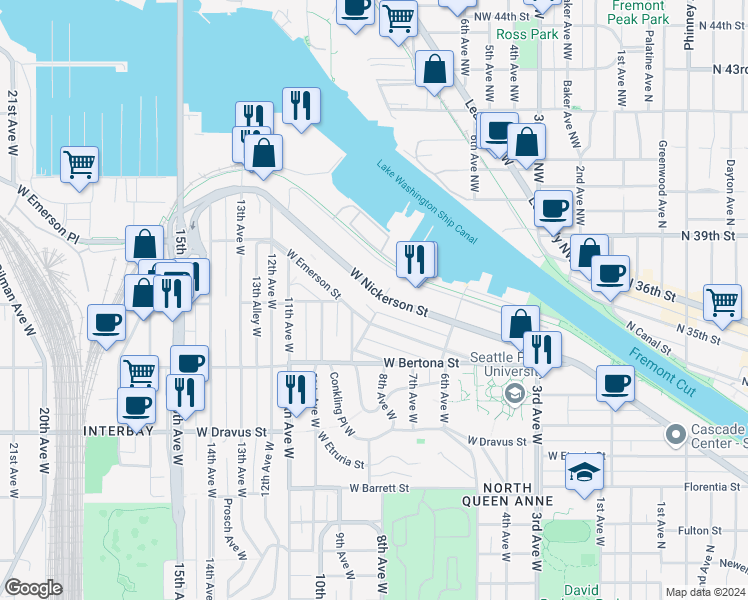 map of restaurants, bars, coffee shops, grocery stores, and more near 814 West Emerson Street in Seattle