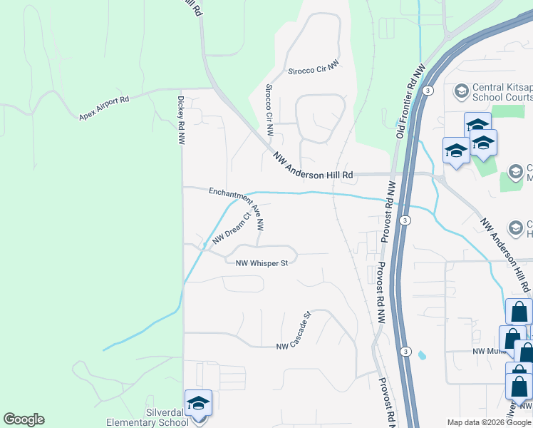 map of restaurants, bars, coffee shops, grocery stores, and more near 9806 Enchantment Avenue Northwest in Silverdale