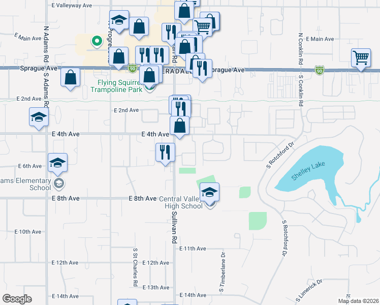 map of restaurants, bars, coffee shops, grocery stores, and more near 511 South Sullivan Road in Spokane Valley