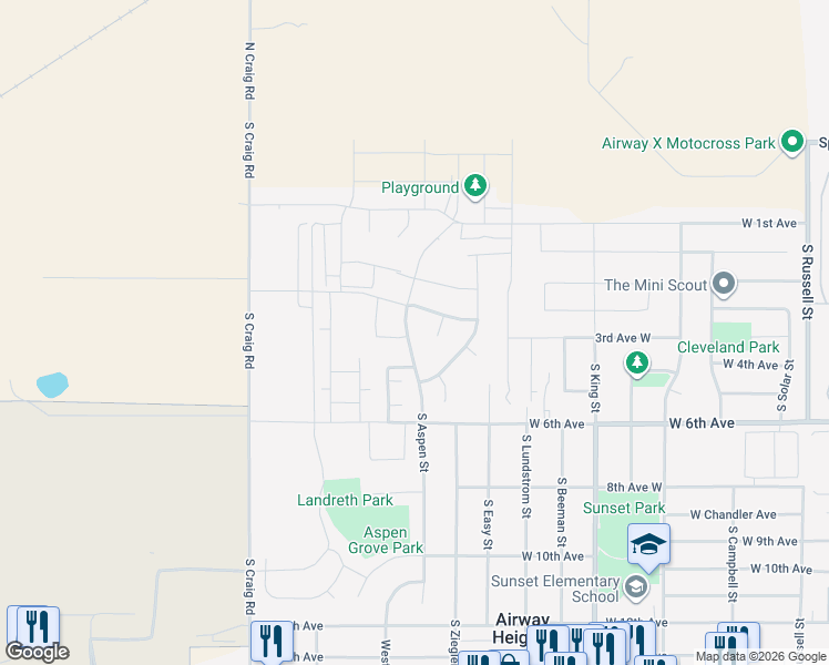 map of restaurants, bars, coffee shops, grocery stores, and more near 340 South Dovetail Court in Airway Heights