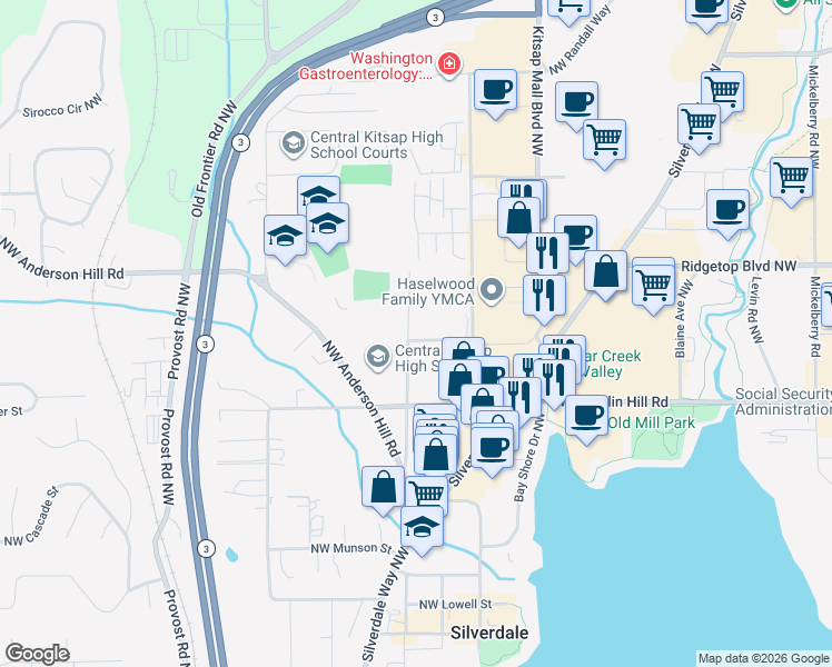 map of restaurants, bars, coffee shops, grocery stores, and more near 3604 Dahl Road Northwest in Silverdale