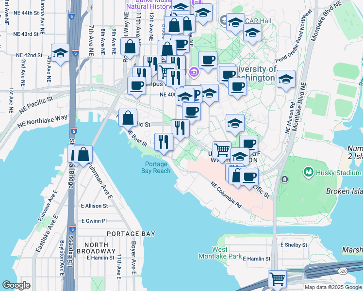 map of restaurants, bars, coffee shops, grocery stores, and more near 3720 15th Avenue Northeast in Seattle
