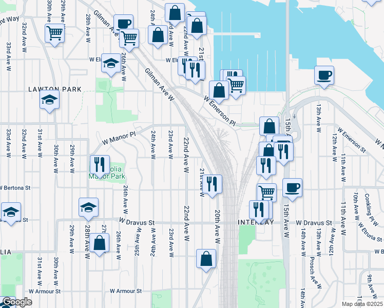 map of restaurants, bars, coffee shops, grocery stores, and more near 2120 West Ruffner Street in Seattle