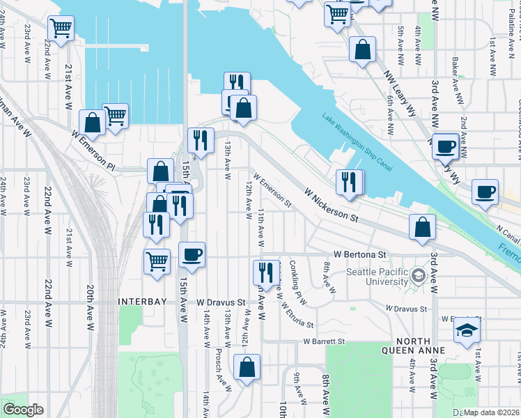 map of restaurants, bars, coffee shops, grocery stores, and more near 3448 11th Avenue West in Seattle