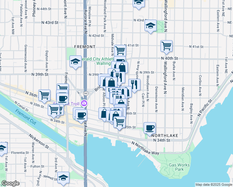 map of restaurants, bars, coffee shops, grocery stores, and more near 3665 Stone Way North in Seattle