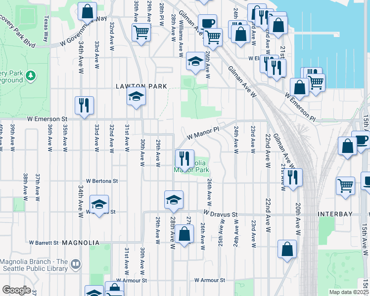 map of restaurants, bars, coffee shops, grocery stores, and more near 2727 West Manor Place in Seattle