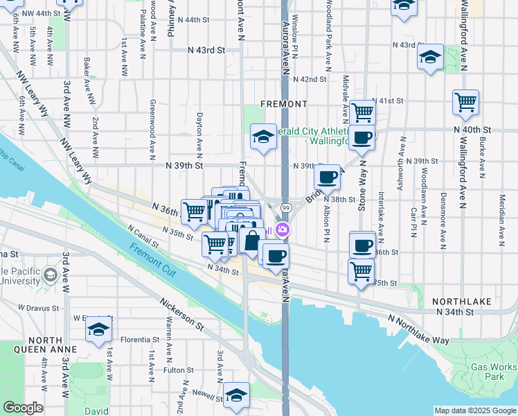 map of restaurants, bars, coffee shops, grocery stores, and more near 3639 Linden Avenue North in Seattle