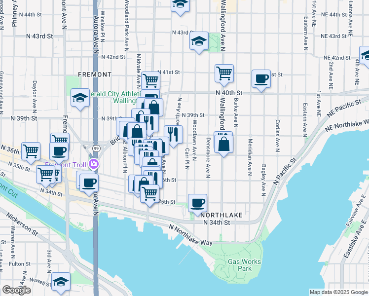 map of restaurants, bars, coffee shops, grocery stores, and more near 3648 Ashworth Avenue North in Seattle