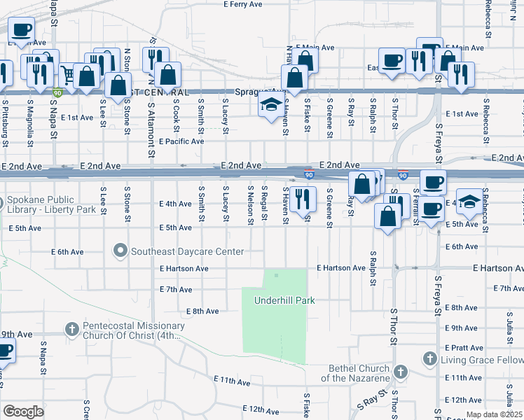 map of restaurants, bars, coffee shops, grocery stores, and more near 2801 East 5th Avenue in Spokane