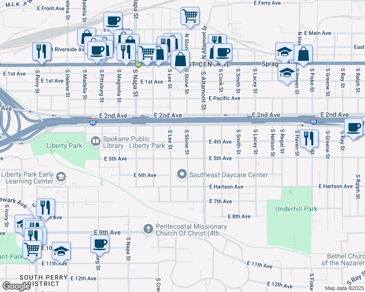 map of restaurants, bars, coffee shops, grocery stores, and more near 2301 East 5th Avenue in Spokane