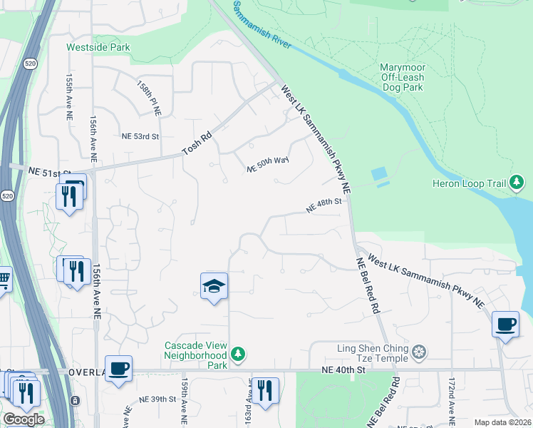 map of restaurants, bars, coffee shops, grocery stores, and more near 4712 164th Place Northeast in Redmond