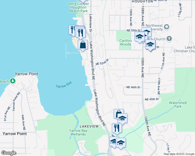 map of restaurants, bars, coffee shops, grocery stores, and more near 4604 Lake Washington Boulevard Northeast in Kirkland