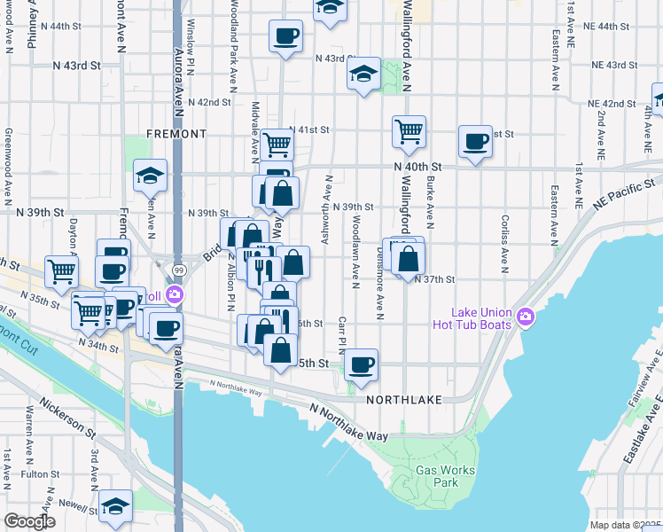 map of restaurants, bars, coffee shops, grocery stores, and more near 3648 Ashworth Avenue North in Seattle