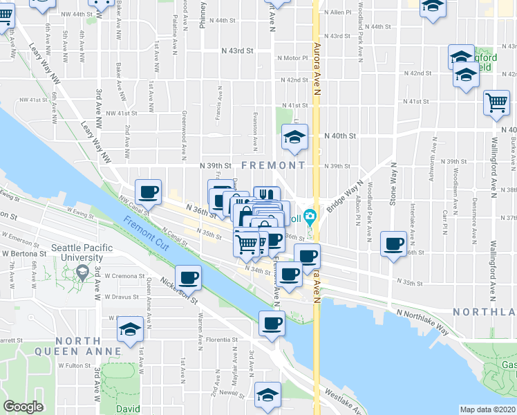 map of restaurants, bars, coffee shops, grocery stores, and more near 3614 Evanston Avenue North in Seattle