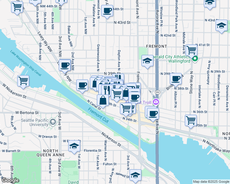 map of restaurants, bars, coffee shops, grocery stores, and more near 434 North 35th Street in Seattle