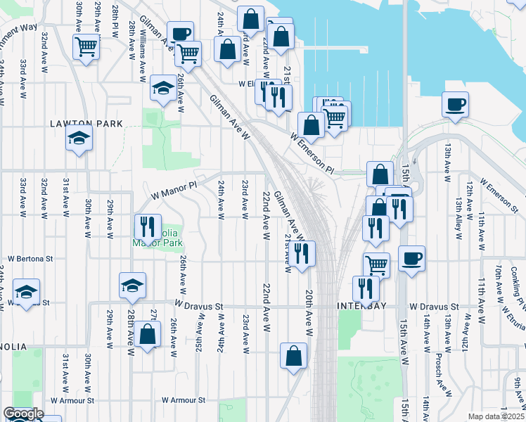 map of restaurants, bars, coffee shops, grocery stores, and more near in Seattle