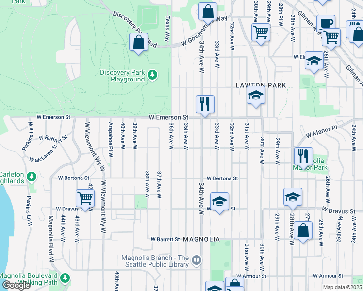 map of restaurants, bars, coffee shops, grocery stores, and more near 3454 36th Avenue West in Seattle