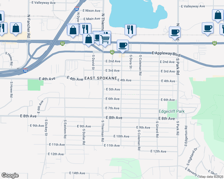 map of restaurants, bars, coffee shops, grocery stores, and more near 6728 East 5th Avenue in Spokane Valley