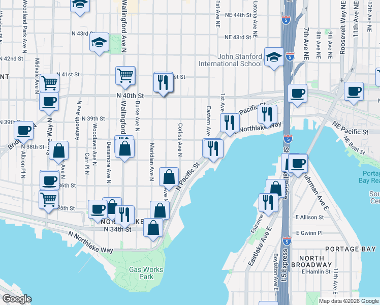 map of restaurants, bars, coffee shops, grocery stores, and more near 2308 North 37th Street in Seattle