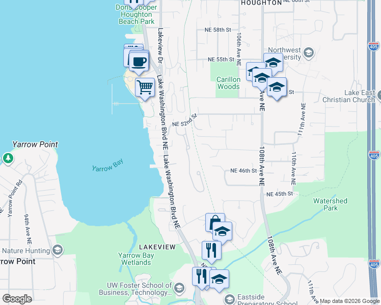 map of restaurants, bars, coffee shops, grocery stores, and more near 4822 102nd Lane Northeast in Kirkland