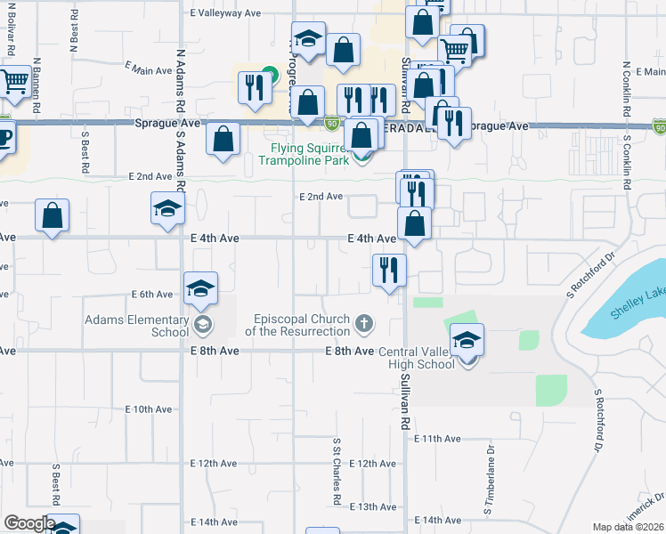 map of restaurants, bars, coffee shops, grocery stores, and more near 15208 E 4th Ave in Spokane