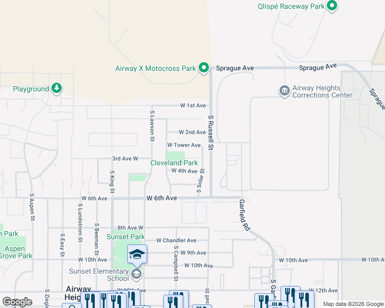 map of restaurants, bars, coffee shops, grocery stores, and more near 12421 West Meadow Court in Airway Heights