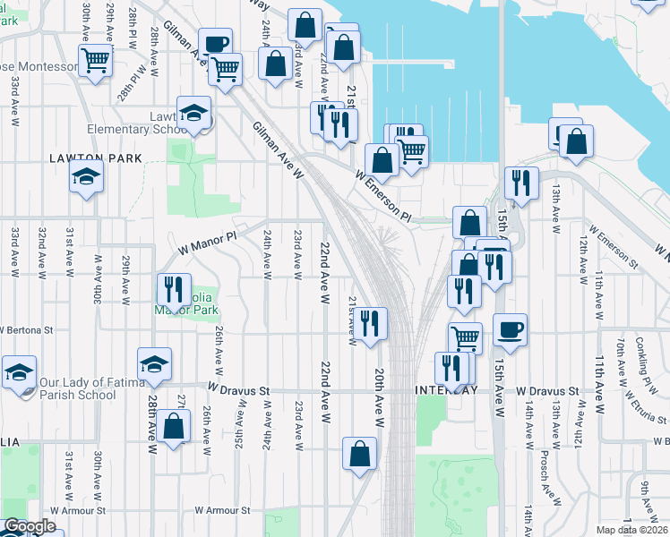 map of restaurants, bars, coffee shops, grocery stores, and more near 3477 21st Avenue West in Seattle