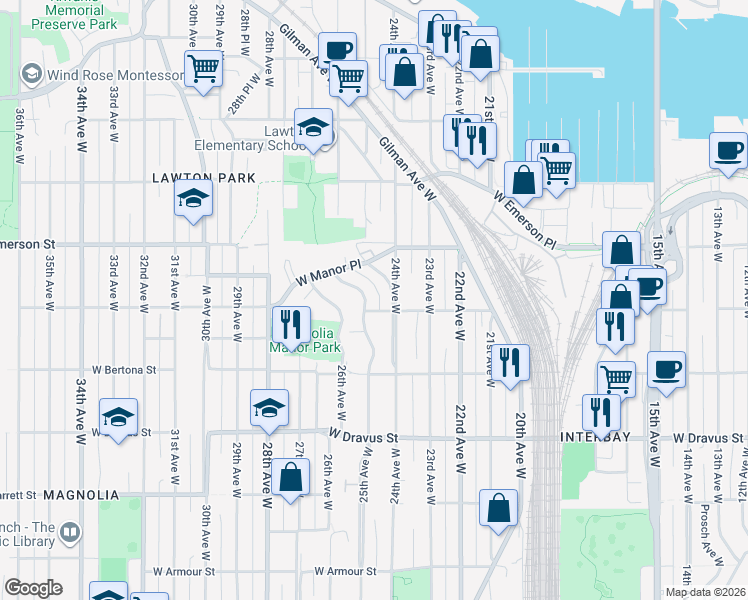 map of restaurants, bars, coffee shops, grocery stores, and more near 3451 24th Avenue West in Seattle