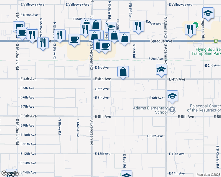 map of restaurants, bars, coffee shops, grocery stores, and more near 329 South Bolivar Road in Spokane Valley